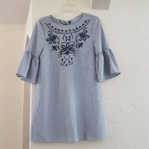 Navy and White Striped Embroidered Mini Dress